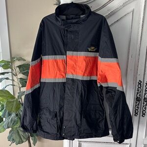 Y2k J&P CYCLES BLACK ORANGE REFLECTIVE COAT CINCH BACK Men SZ 3XL Motorcycle